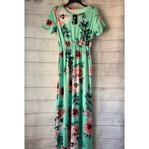 Azbro Mint Green Floral Print Maxi Dress Short Sleeves Elastic Waist Pockets